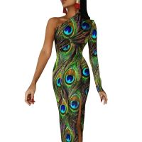 Peacock Feathers Bodycon Dress Spring Colorful Print Kawaii High Slit Long Dresses Ladies Long Sleeve Print Street Style Dress