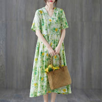 Uego Short Sleeve Loose Summer Dress Soft Cotton Linen Print Floral tender Ladies Dress Plus Size Women Holiday Casual Dress