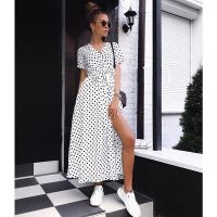 ZZOOI Women Polka Dot Print A Line Party Dress Sexy V Neck Short Sleeve Split Dress 2020 Summer Casual Beach Boho Maxi Dress Vestidos