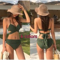 APOD Korean Chest Gathered Beach Bikini Set Summer 2 Pieces Swimwear