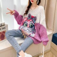 New Autumn Winter High Quality Women Sweater Harajuku Print Cartoon Makeup Cat Sequin Fashion Knit Shirt Loose Pullover Female