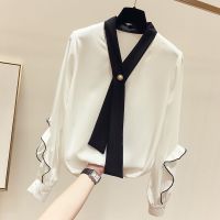 Color matching V-neck lace chiffon shirt womens long-sleeved spring and autumn new style Korean fashion design casual shirt