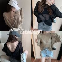 Gueen?พร้อมส่ง?เสื้อตาข่าย แขนยาวเว้าหลัง ดีเทลแต่งสายมุก ตัวใหญ่เซ็กซี่(E241)