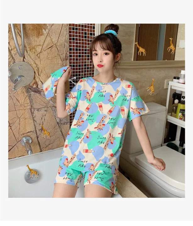 MeTOo 2021 Korean style cotton cute giraffe pattern short sleeve pajama ...