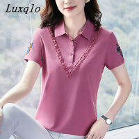 Luxqlo เสื้อเบลาส์เสื้อผ้าฝ้ายผู้หญิงโปโลแขนสั้นลำลองฤดูร้อนแฟชั่นเสื้อเย็บปักขนาดใหญ่พิเศษผู้หญิง