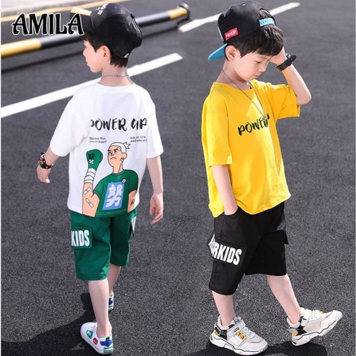 amila-ชุดสูทของเด็ก-เด็กผู้ชายเท่แขนสั้นและชุดชุดกางเกงขาสั้นเสื้อผ้าใส่สบาย2ชิ้นสำหรับวัยกลางคนและเด็กโต