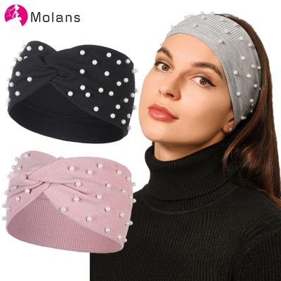 【YF】 Molans Women Headbands Pearls Hair Bands Knitted Turban Bandana Autumn Winter Elastic Hairband Warm Accessories Headdress