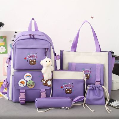 กระเป๋านักเรียน Tas Ransel Anak Perempuan นักเรียนผ้าใบความจุสูงจำนวน5ชิ้น