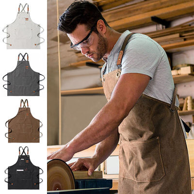 ผ้าใบหนาสำหรับทำอาหารผ้ากันเปื้อนผ้ายีนส์หนักสำหรับผู้ชายทำงานในห้องครัว