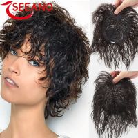 SEEANO Synthetic Blonde Curly Hair Toupee 3 Clip Hair Extensions Replacement Closure Hairpiece Wigs With Bangs Women Wig  Hair Extensions  Pads