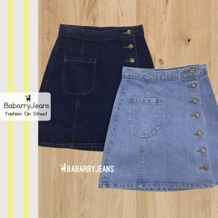 พร้อมส่ง-babarryjeans-กระโปรงยีนส์-วินเทจ-เอวสูง-กระดุมเรียง-ผ้าไม่ยืด-สียีนส์เข้ม-สียีนส์อ่อน