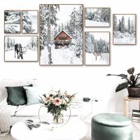 Winter Elk Lake Pine Forest Snow Chalet Wall Art ภาพวาดผ้าใบ-นอร์ดิกโปสเตอร์และภาพพิมพ์สำหรับตกแต่งห้องนั่งเล่น