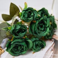 ◐♈► Vintage 8 Heads Artificial Flowers Silks Peony Small Green Rose Decorations Fake Fower Wedding Table Party Bouquet Home Decor