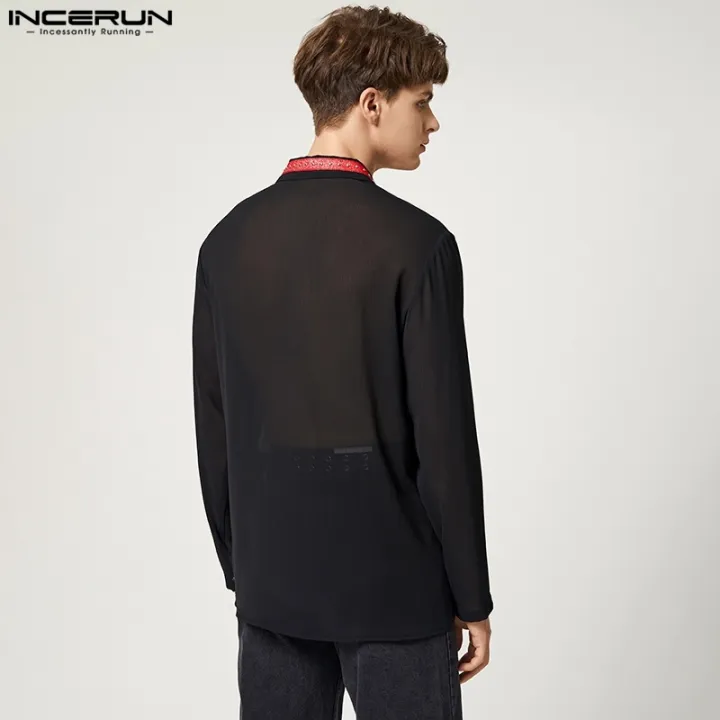 incerun-เสื้อเชิ้ตแขนยาวลําลอง-ผ้าตาข่ายซีทรู-คอปก-แฟชั่นสําหรับผู้ชาย