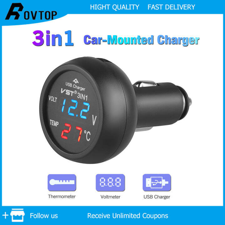 Rovtop 3 in 1 Car Charger LED Voltmeter Digital Thermometer Car Battery