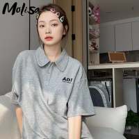 Molisa เสื้อแขนสั้น แขนสั้นเสื้อยืด เสื้อ poloการออกแบบสไตล์วิทยาลัยอเมริกัน วินเทจ2023 ใหม่ 071432