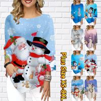 【cw】 Women 39;s Sweatshirt CartoonSnowmanClaus SparklyAbstract Print 3/4 Length Sleeve Round Neck XS 8XL