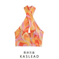 KASLEAD new ladies European and American wind cross hanging neck printing linen jacket. 07864626050 ❤