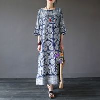 Women Vintage Floral Print Dress Autumn Stand Collar 34 Sleeve Sundress Chinese Cheongsam Robe Femme Linen Vestido Tunic 12371