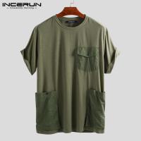 (Korea Style)  Incerun ผู้ชายสบายๆถุงเสื้อยืดเย็บแขนสั้นหลายกระเป๋าด้านบนเกาหลีหลวม TEE