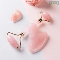 EZ  Natural Rose Quartz Jade Roller Face Neck Massage  Guasha เครื่องนวดหน้า Board Scrapers Beauty Skin Gift set  เครื่องล้างหน้าคริสตัล หินอ่อนนวดหน้า ลูกกลิ้งหินธรมชาติ