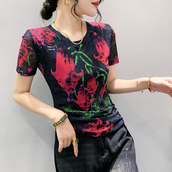 rehin-เสื้อยืดสตรีพิมพ์ลายตาข่ายคอกลม-เสื้อยืดแขนสั้นดีไซน์เฉพาะสำหรับฤดูร้อนแฟชั่นสไตล์เกาหลีแบบใหม่
