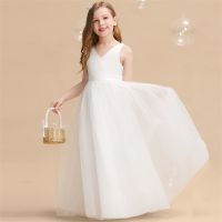 Elegant Girls White Princess Dress Children Bridesmild Long Robe Clothes Kids Birthday Party Vestido Flower Girl Big Bow Dresses