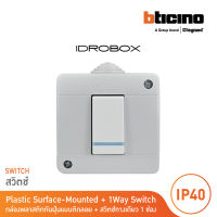 BTicino ชุดกล่องกันฝุ่น (แบบติดลอย)+สวิตซ์ทางเดียว 1ช่อง 16AX 250V สีเทา Idrobox IP40,+Switch Phosporescent 1Module Grey Color รุ่น 25401+AM5001WTLN | BTicino