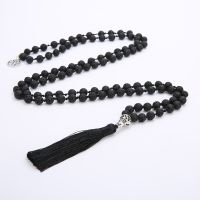 8mm Black Lava Stone Beaded Knotted Necklace 108 Japa Mala Rosary Meditation Yoga Blessing Jewelry Tibetan Buddha Head Pendant