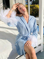 Hiloc Plume Spliced Robe Womens Bridesmaid Robes With Belt Blue V-Neck y Woman Nightie Long Sleeves Feathers Bathrobe Female