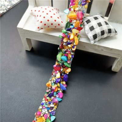 【CW】 50cm Beads stone lace patches iron on hot drilling rhinestone ribbon dress wedding Clothing Accessories