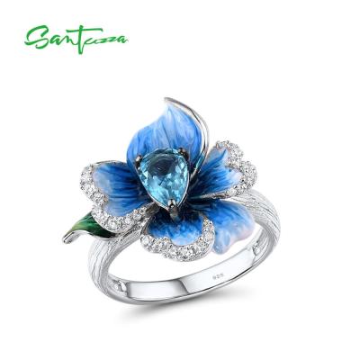 SANTUZZA Silver Rings For Women Genuine 925 Sterling Silver Delicate Blue Orchid flower Trendy Fine Jewelry Handmade Enamel