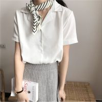 C&amp;M Vintage Solid Color Chiffon Short Sleeve Shirt