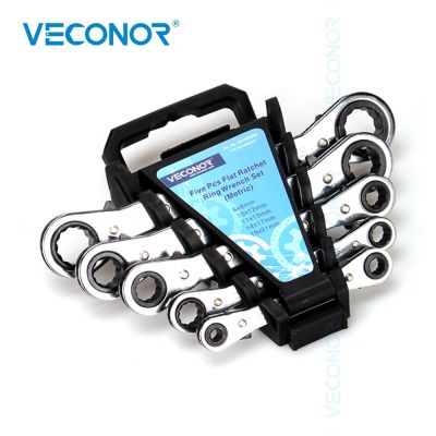 VECONOR Double Head Flat Ratchet Ring Wrench Set 5Pcs Metric 2-Way Fully Polish Reversible Durable Spanner