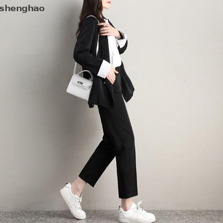 shenghao-ทวีดกางเกงผู้หญิง2023ใหม่เอวสูงกางเกงหัวผักกาดกับเก้าขาตรงสูทกางเกง