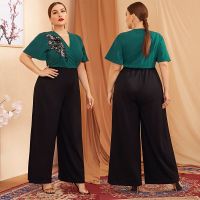 ；【‘；- Muslim Middle East Arab Women Short Sleeve Set V Neck Printing Flower Green Black Big Size 5Xl Wedding Party Casual Daily