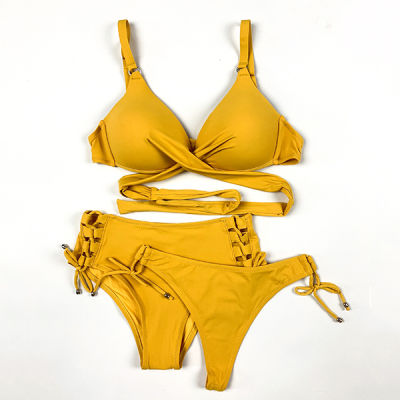 Andzhelika Push Up Bikini Swimsuit Woman Sexy Cross Strap Bandage Two Kind Of Bottoms Swimwear  Girls Beach Bathing Suits