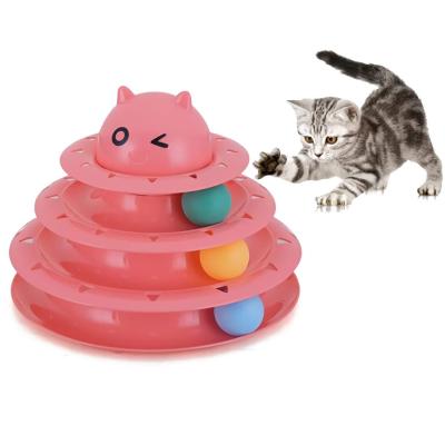 รางบอลพลาสติก 3 ชั้น รูปตัวการ์ตูน พร้อมลูกบอล 3 ลูกแมว  Circular Turntable Cat Toy ของเล่นแมวโต ของเล่นแมวเด็ก ขนาด 24.5x19.5 ซม.