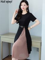 【YF】 Women Fashion Patchwork Fake Two Piece Midi Dress Summer Korean Vintage Black Party 2023 Elegant Bodycon Casual Chic