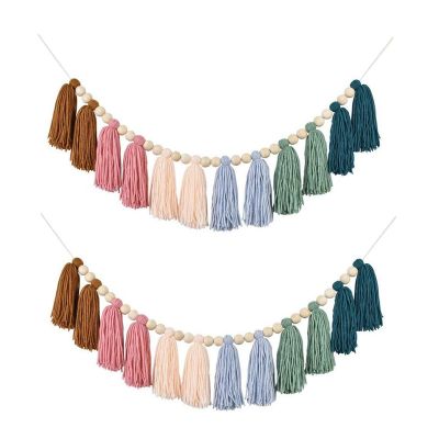 2PCS Rainbow Boho Garland with Wood Beads Colorful Wall Hanging Garland Party Baby Shower Decor