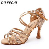 DILEECHI Latin Dance Shoes Black Bronze Skin Satin Big Small Rhinestone Shining Women Salsa Party Ballroom Dancing Shoe Cuba 9Cm