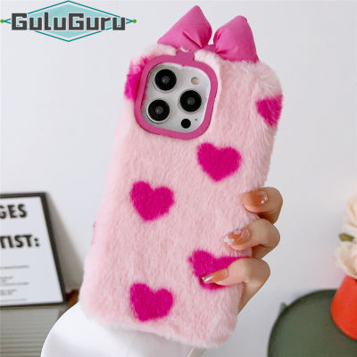 สำหรับ Samsung A03 A13 A23 A33 A53 A73 A02 A12 A22 A32 A42 A52 A72 Furry Case, Love Heart รูปแบบ + Bowknot หูและ Polka Dot วัวจุด + หนัง Horn ขนปุยปกหลังกรณี