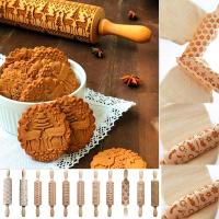 Christmas Embossing Rolling Pin DIY Manual Designe Patterns Wooden Roller Baking Embossed Cookies kitchen tools elk Snowflak Bread  Cake Cookie Access