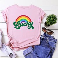 COD DSFERTRETRE Rainbow Lucky Print T Shirt Women O-neck Short Sleeve T-shirt Cotton Women Tops Tee