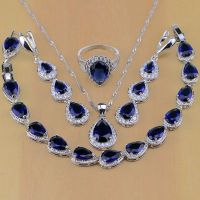 925 Sterling Silver Jewelry White CZ Blue Zircon Jewelry Sets For Women EarringsPendantNecklaceRingscelet