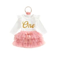 0-18M Baby Girls Birthday One Year Birthday Clothes Set Long Sleeve Letter One 100% Cotton Bodysuits Layered Mesh Skirt Headband  by Hs2023