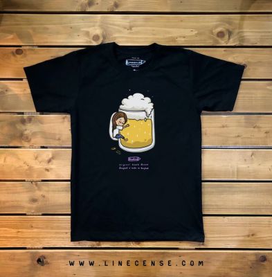 เสื้อยืดพรีเมียมสีดำลายเบียร์ชายและหญิง Black premium cotton 100 T-shirt Beer Girl&amp;Boy