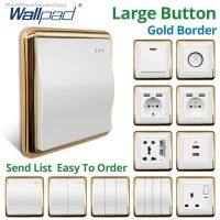 ☇♛◙ Wallpad White Large Wave Button Gold Border Wall EU UK Electrical Outlets And 1/2/3/4 Gang 1 2 3 Way Light Switches 110 220V