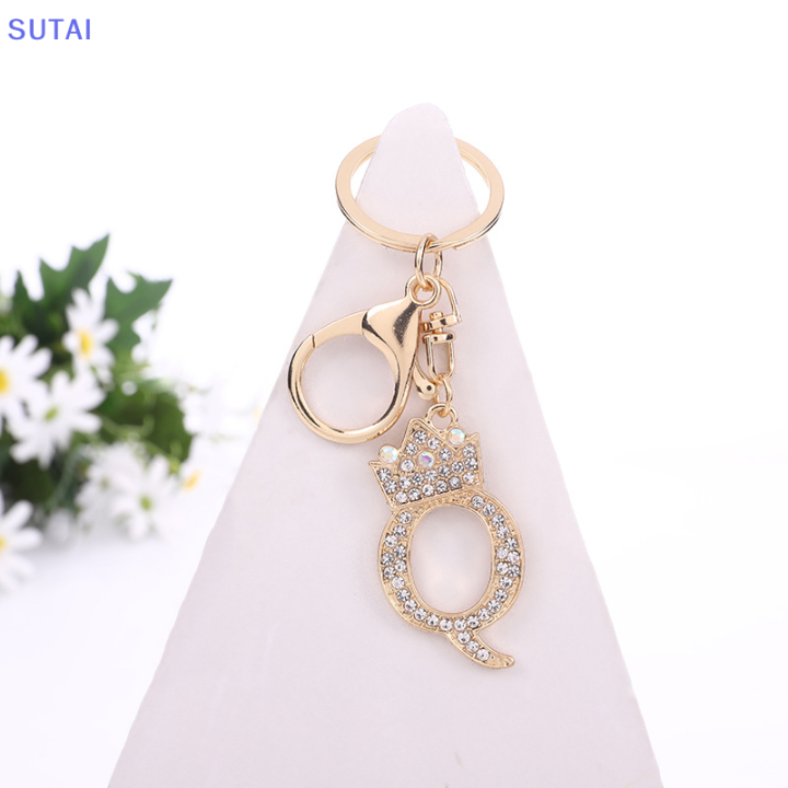 lowest-price-sutai-พวงกุญแจรูปมงกุฎคริสตัลพลอยเทียมตัวอักษร26ตัวพวงกุญแจสีทองสวยกระเป๋าเครื่องประดับพวงกุญแจรถ