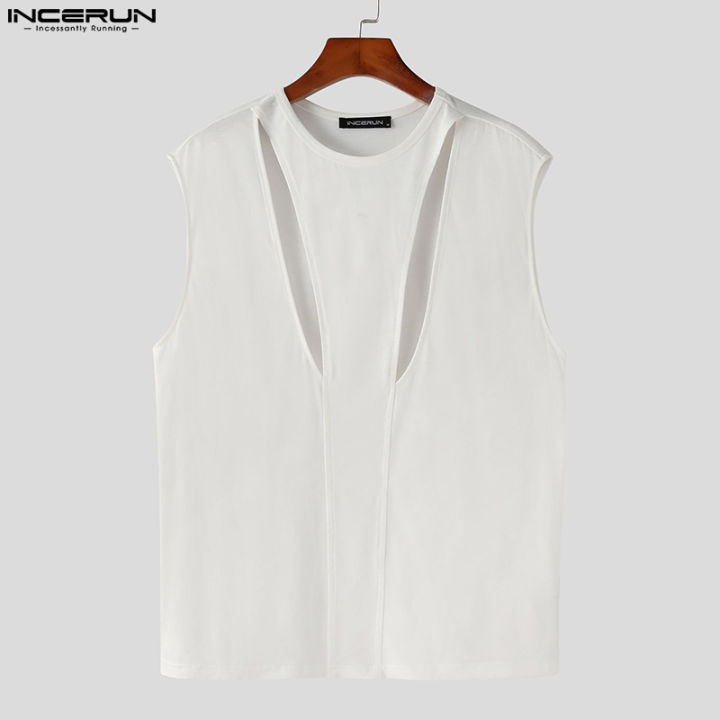 Tank Top For Men T-Shirt Off The Shoulder Vest Long Sleeve Solid Color  Round Neck Hollow Bottoming Sleeveless Tee,Size XL,Black 